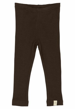 Leggings a coste di colore marrone scuro, realizzati in un tessuto morbido, con un design aderente e una piccola etichetta sul lato in basso a sinistra.