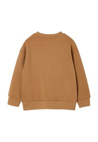Brauner Kapuzenpullover aus weichem Stoff, mit Rundhalsausschnitt, tiefen Schultern und gerippten Manschetten. Glatte Textur mit einfarbigem Finish.