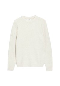 Ljusbeige stickad tröja med rund halsringning, ribbad textur och sidofickor i fållen. Tillverkad av mjukt material som erbjuder en bekväm passform.