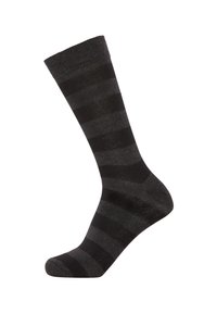 Dark gray socks with black stripes, featuring a smooth texture and a ribbed top. The design has alternating thick and thin stripes.
