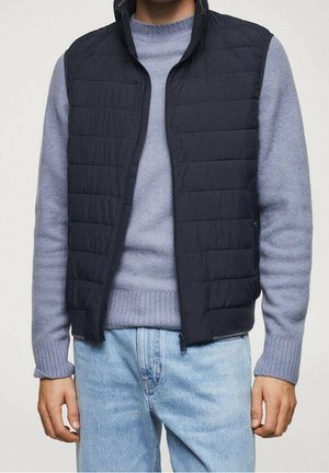 Mand iført en sort quiltet vest over en lyse lilla sweater med lyseblå jeans, stående mod en ensfarvet baggrund.