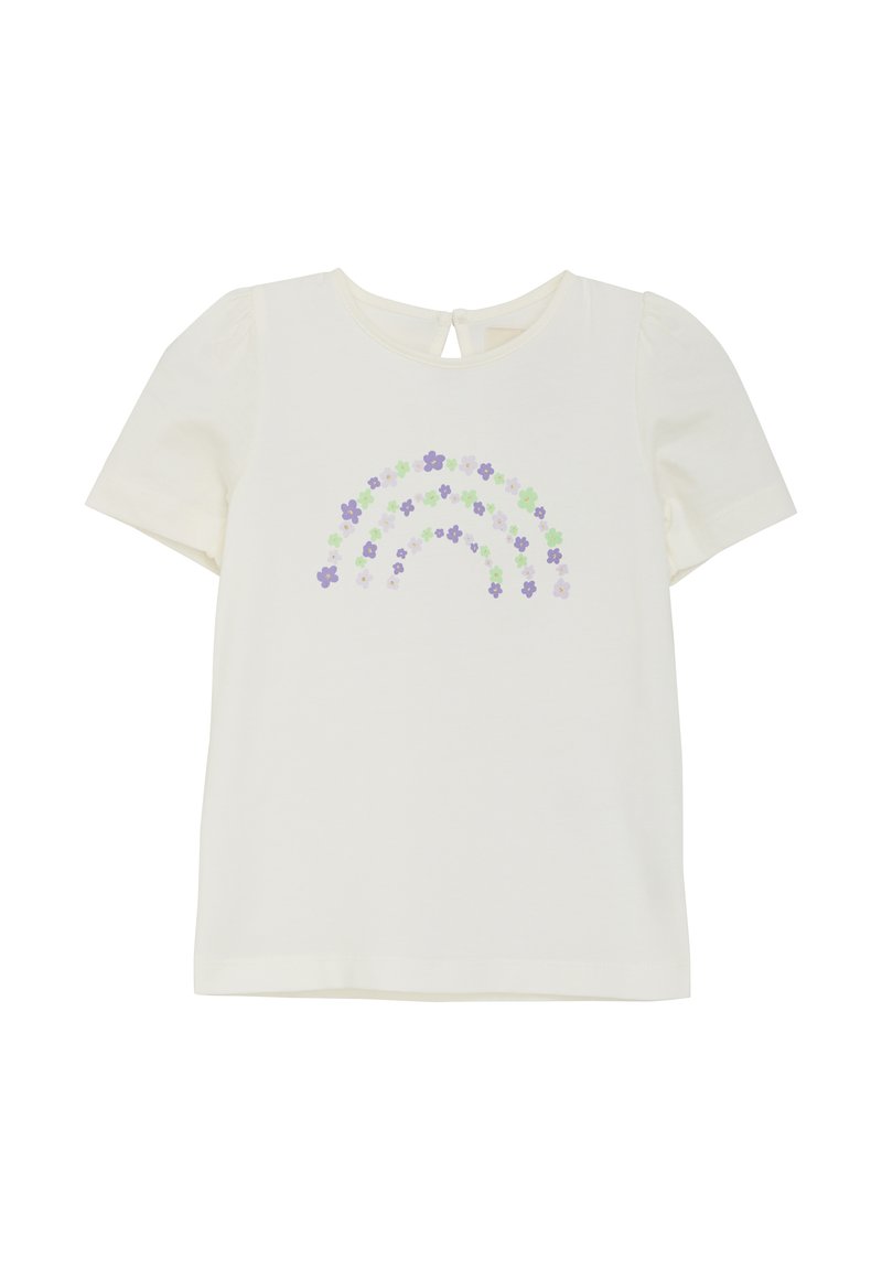 Vit kortärmad T-shirt med puffärmar, prydd med en regnbågsdesign i lila och gröna blommor. Nyckelhålsbakstängning.