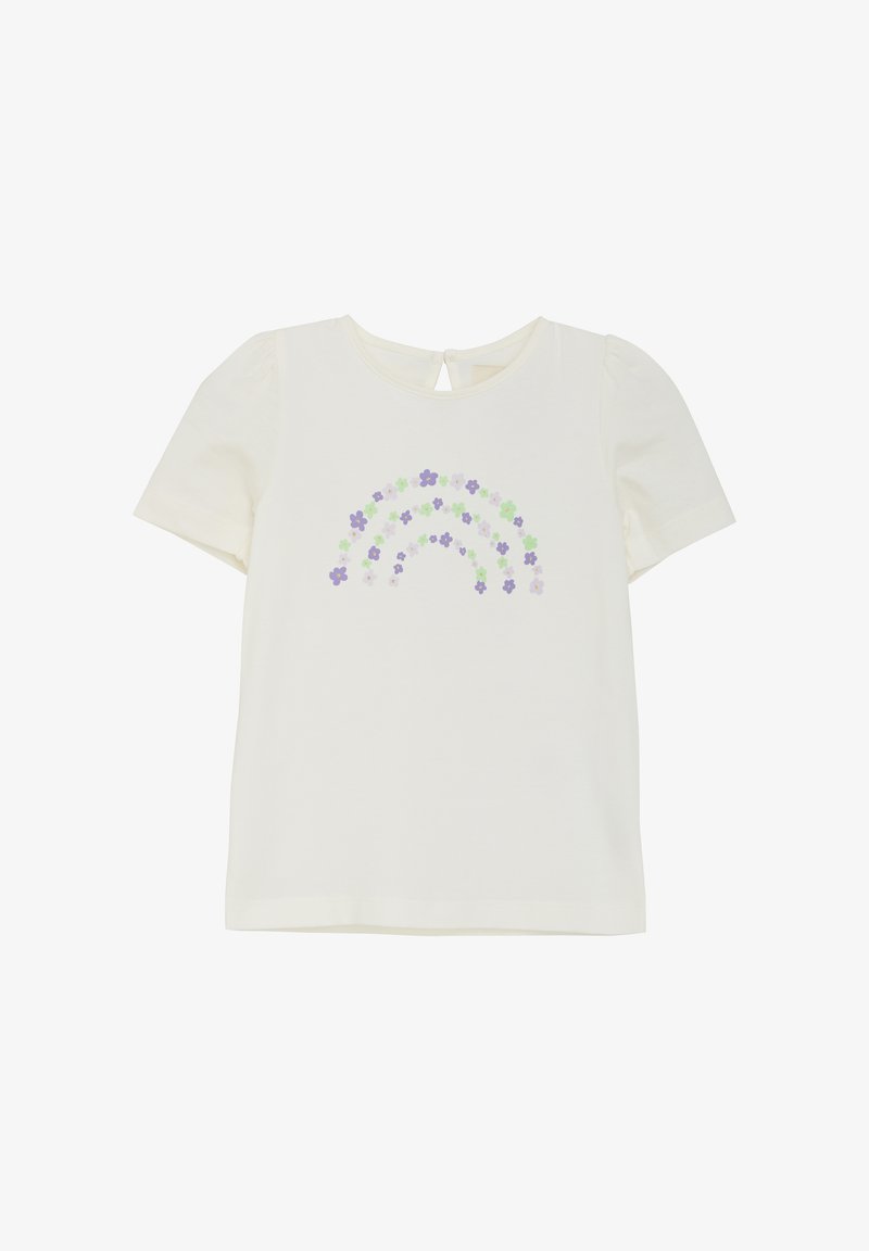 Hvid kortærmet t-shirt med puffærmer, der har et regnbue-design lavet af lilla og grønne blomster. Nøglehulslukning i ryggen.