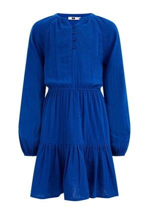 Blaues langärmeliges Kleid mit elastischem Taillenbund, Knopfleiste vorne, gerafftem Rock und dezentem Spitzensaum an den Schultern.