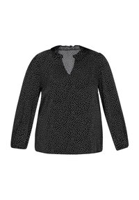 Schwarze Bluse mit langen Ärmeln und Eingrifftiefe, mit einem weißen Pünktchenmuster, leichtem Stoff und lockerer Passform.