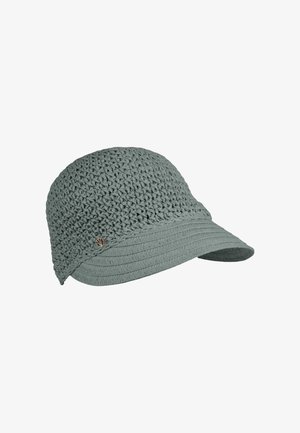 Căciulă croșetată într-o nuanță de verde estompat, cu un vârf rotund și texturat, și o margine lată, curbată. Finalizată cu un mic accent decorativ sub formă de logo.