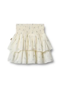 Gonna a strati di colore crema con vita arricciata e delicato motivo floreale blu, realizzata in tessuto leggero.
