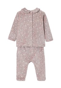 Pink floral two-piece outfit featuring a long-sleeve top with a collar and matching pants, made from soft fabric with a textured finish.