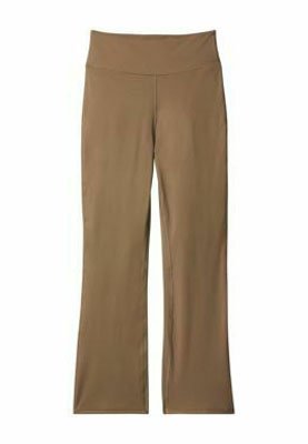 Brune yogabukser med høj talje, bred linning og lige ben, velegnet til både afslappet og aktivt tøj.