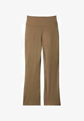 Pantalon de yoga marron taille haute avec une large ceinture et une coupe droite, adapté pour une tenue décontractée ou active.