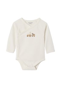 Cremfarbener Langarm-Bodysuit mit Wickeldesign. Verfügt über Druckknöpfe und einen Druck mit Traktoren und Tieren auf der Vorderseite. Aus weichem Baumwollmaterial gemacht.
