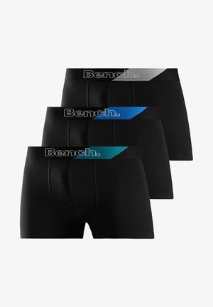 Drei Paar schwarze Boxershorts mit verschiedenen farbigen Taillenbändern: eines in Grau, eines in Blau und eines in Türkis, alle mit dem "Bench."-Logo.