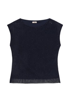 Navy-blue top made of soft material, featuring a textured pattern of small, metallic studs throughout and a round neckline.