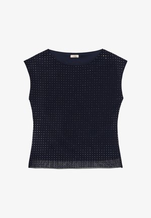 Top blu navy realizzato in materiale morbido, caratterizzato da un motivo testurizzato di piccoli rivetti metallici e da un colletto rotondo.