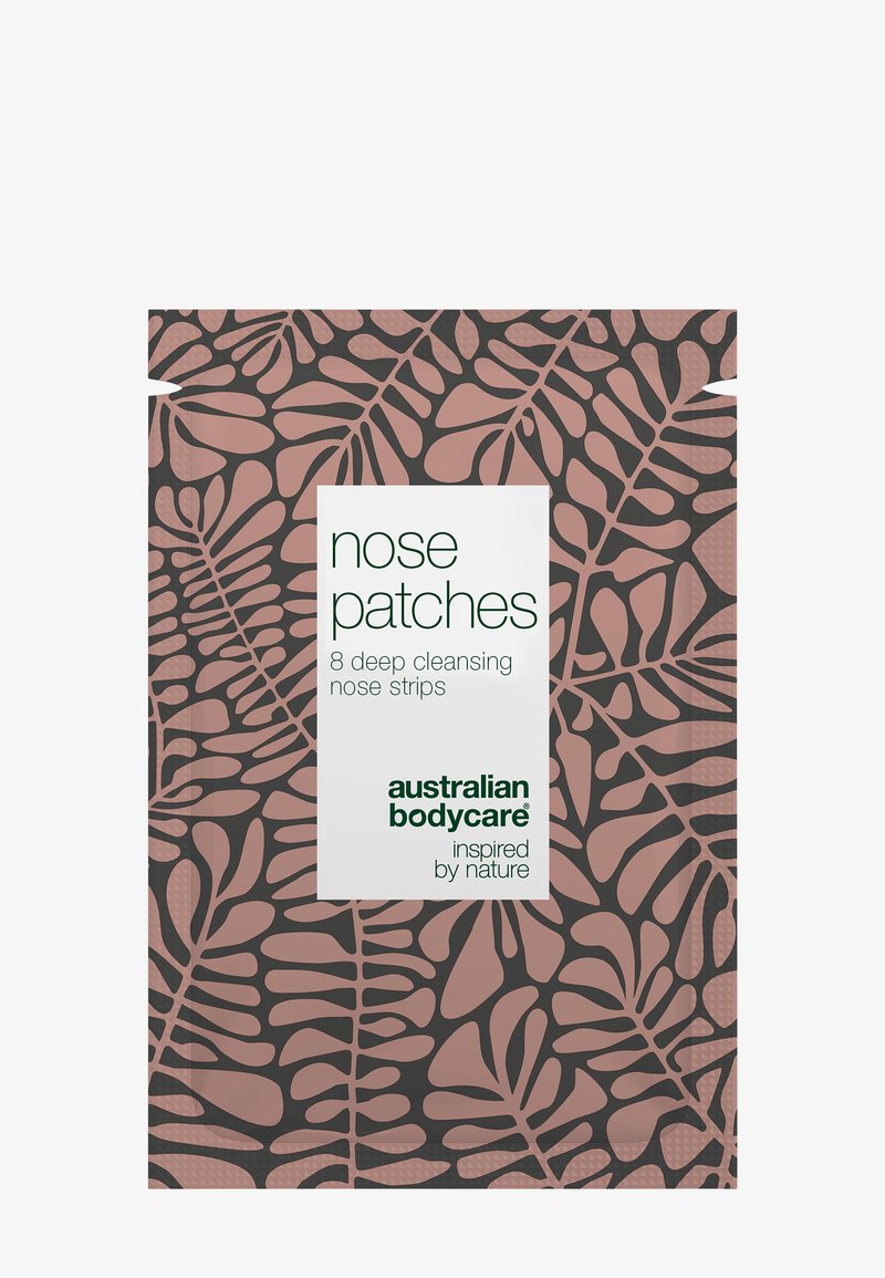 Emballage de patchs pour le nez Australian Bodycare avec motif de feuilles botaniques, contenant 8 bandes nettoyantes profondes pour le nez.