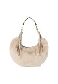 Beige Handtasche aus Kunstfell mit runder Form, ausgestattet mit einem Ledergriff mit geknoteten Akzenten und goldfarbenen Beschlägen für den Verschluss.