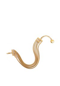 Bracciale in oro con cinque fili, caratterizzato da un design liscio e flessibile. Include un gancio e una catena regolabile con un ciondolo rotondo.