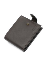 Portafoglio in pelle marrone con chiusura a scatto, forma rettangolare, superficie liscia e dettagli goffrati sulla parte anteriore.