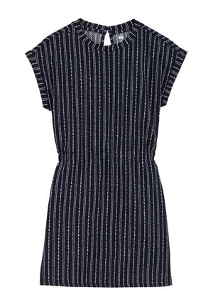 Navy dress with vertical white stripes, short sleeves, round neckline, and keyhole back detail. Smooth texture, above-knee length.