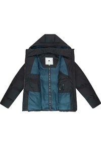 Giacca a vento nera con fodera interna verde acqua, chiusura con zip e cappuccio. Presenta diversi taschini interni e un'etichetta sul colletto.
