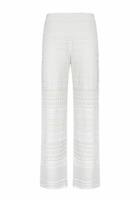 Szerokie spodnie w kolorze białym, z teksturowanym wzorem dzianiny, z naprzemiennymi wzorami i przezroczystymi sekcjam w całej długości.