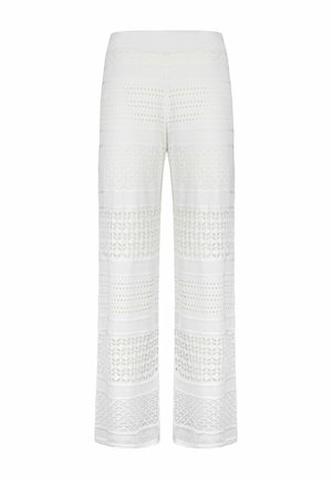 Vide ben bukser i hvid, med et tekstureret strikdesign med skiftende mønstre og gennemsigtige sektioner hele vejen igennem.