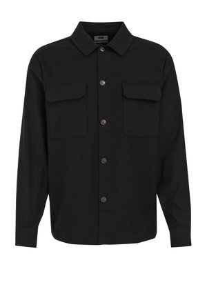 Black long-sleeve shirt made of smooth fabric, featuring a classic collar, two chest pockets, and button-front closure with matching buttons.