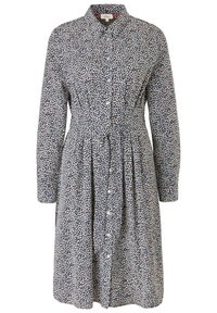 Blumenkleid in Marineblau mit durchgehender Knopfleiste, langen Ärmeln und taillierter Passform. Der Stoff hat ein strukturiertes, leichtes Erscheinungsbild.