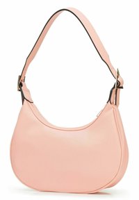 Borsa a spalla rosa con texture, dalla forma curvata, con dettagli neri e una tracolla liscia. Presenta un dettaglio in metallo dorato all'attacco.
