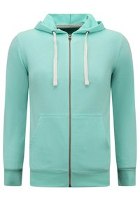 Mintgroene zip-up hoodie met een gevoerde capuchon, witte trekkoorden, voorzakken en ribgebreide manchetten en zoom. Zachte textuur, casual ontwerp.