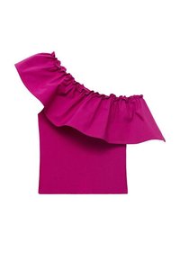 Fuchsia Off-Shoulder-Top mit Rüschensaum und geripptem Muster am Körper für zusätzlichen visuellen Reiz.