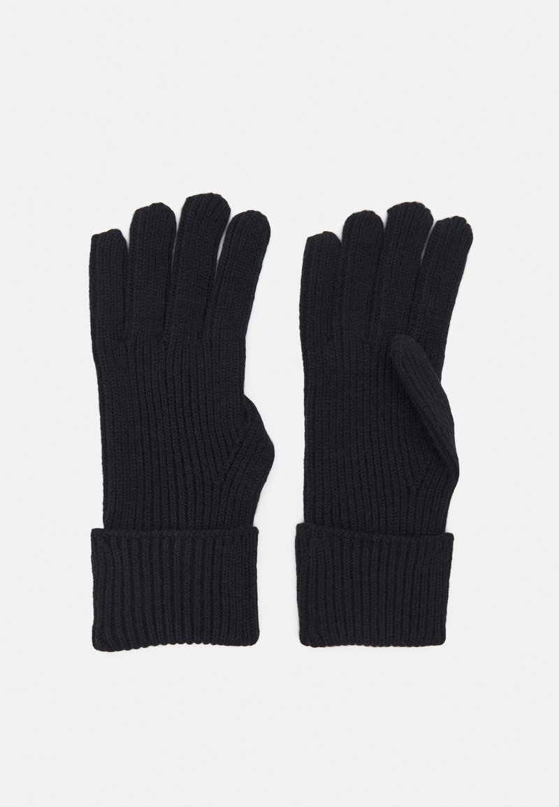 Sorte strikkede handsker med ribbet tekstur, der har hele fingre og forlængede manchetter for ekstra varme og dækning.