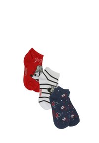 Tre paia di calzini alla caviglia: rossi con un personaggio dei cartoni animati, bianchi con strisce nere e blu navy con pois e dettagli di personaggi.