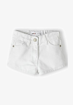 Biele denimové šortky s textúrovaným povrchom, obsahujúce dve predné vrecká, strieborné gombíky a štítok na páse. Klasický strih.