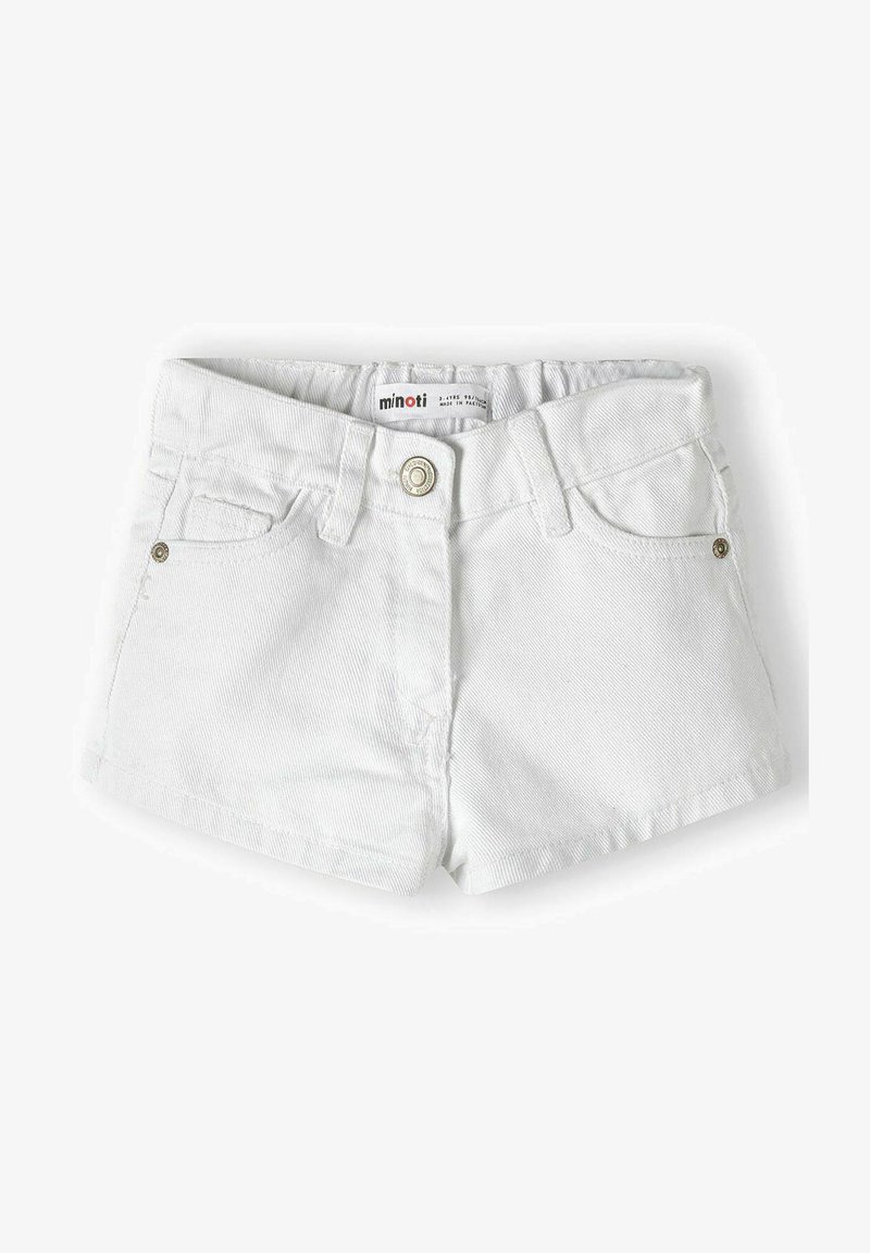 Baltas denima šorti ar teksturētu virsmu, kuriem ir divas priekšējās kabatas, sudraba pogu furnitūra un jostas etiķete. Klasiskais griezums.