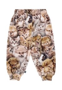 Pantaloni tuta in pile con una stampa che copre tutta la superficie, raffigurante vari gattini e cuccioli in tonalità di beige, grigio e crema. Vita e polsini elasticizzati.