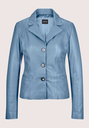 Hellblaue Lederjacke mit drei Knöpfen, Reverskragen, langen Ärmeln und zwei vorderen Schlitztaschen.