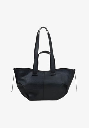 Zwarte leren tote bag met een gladde textuur, stevige dubbele handvatten en een ruime vormgeving. Heeft zijdelingse strikbanden voor een verstelbare vorm.