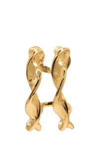 Gouden ring met een gedraaide ontwerp dat twee verstrengelde vormen vertoont. Gladde textuur met een gepolijste afwerking en geen extra versieringen.