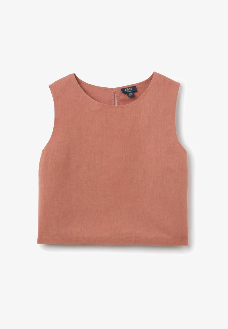 Helles korallenfarbenes ärmelloses Top aus glattem Stoff, mit einem runden Halsausschnitt und einem dezenten Reißverschluss auf der Rückseite. Einfaches, klares Design.