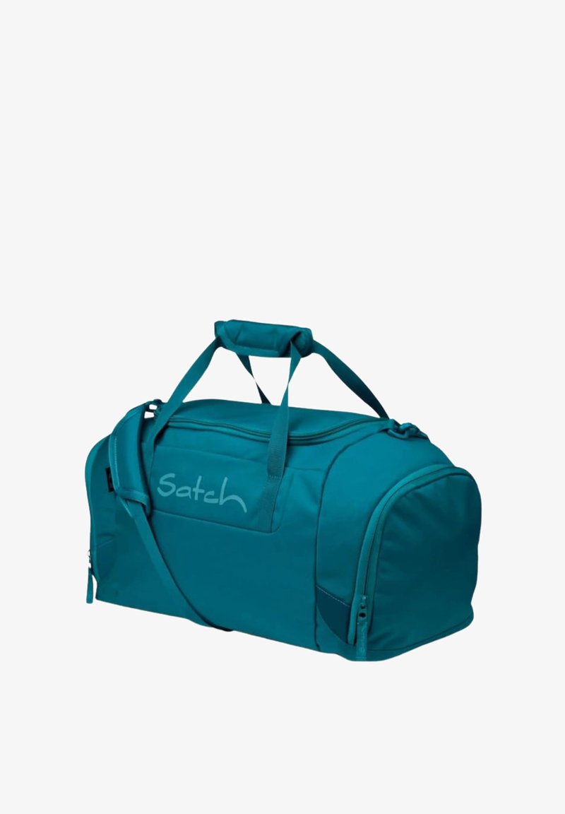 Türkise Reisetasche mit einfachem Design, ausgestattet mit zwei Griffen, einem verstellbaren Schulterriemen und einer Reißverschluss-Tasche an der Seite.