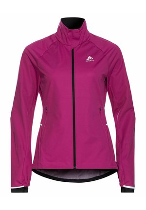 Magentan värinen vetoketjullinen urheilutakki korkealla kauluksella, sivuilla vetoketjutaskut, heijastavat yksityiskohdat ja Odlo-logo rinnassa.