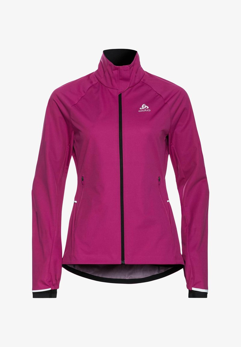 Veste de sport magenta zippée avec col montant, poches latérales zippées, accents réfléchissants et logo Odlo sur la poitrine.