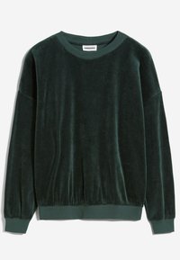 Sweat-shirt à manches longues en velours vert foncé avec poignets, ourlet et encolure ronde côtelés, présenté à plat sur fond blanc.
