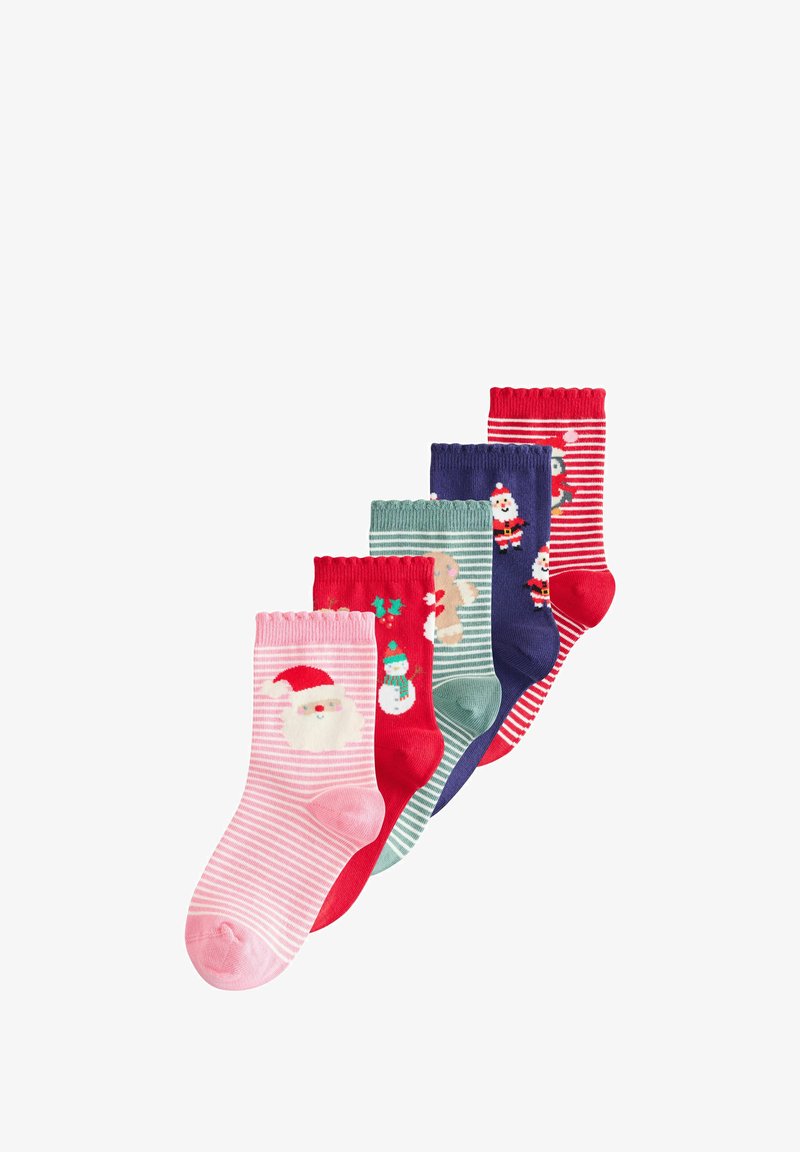 Cinq paires de chaussettes rayées sur le thème de Noël avec des motifs de Père Noël, bonhomme de neige, pain d'épice et pingouin en rouge, rose, vert, bleu et blanc.