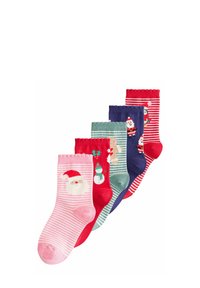 Fünf Paare Kindersocken: pink mit Santa, grün mit Schneemann, rot mit Santa, dunkelblau mit Pinguin und rot-weiße Streifen.