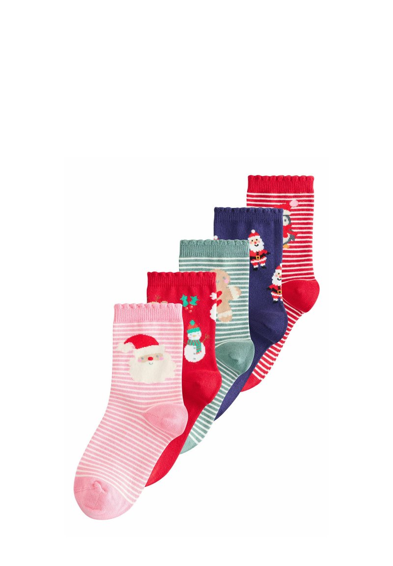 Fünf Paare Kindersocken: pink mit Santa, grün mit Schneemann, rot mit Santa, dunkelblau mit Pinguin und rot-weiße Streifen.