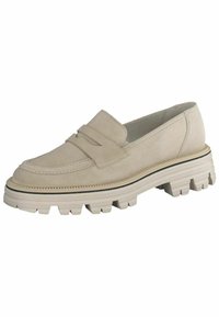 Beesugused suede loaferid paksu, ribalise valge tallaga. Omab klassikalist mokassiini disaini, millel on tikandid ja tõstetud esiosa.