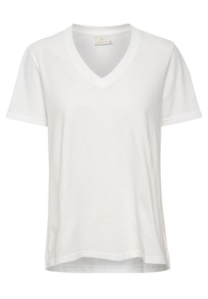 Valge V-kaelusega T-särk, mis on valmistatud pehmest puuvillast. Lühikesed varrukad ja vabalt langev stiil. Lihtne disain puhaste servadega ja ilma mustriteta.