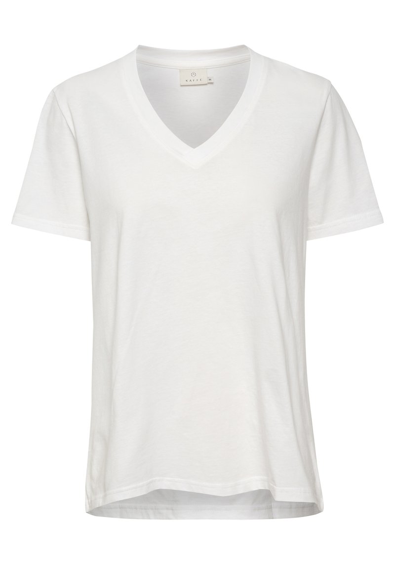 White V-neck t-shirt made of soft cotton, featuring short sleeves and a relaxed fit. Simple design with clean edges and no patterns.